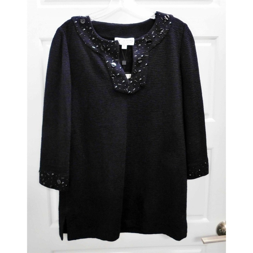 New St John USA $795rt Black Knit Studded Button V-Neck Tunic Sweater sz S